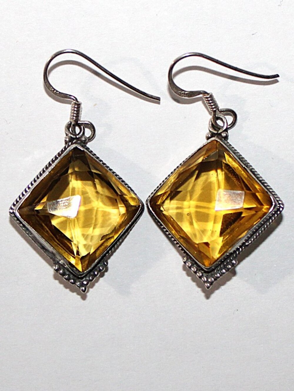 Sterling Silver Yellow Glass Dangle Earrings